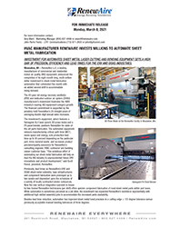 2021 HVAC Manufacturer RenewAire Invests Millions to Automate Sheet Metal Fabrication Press Release